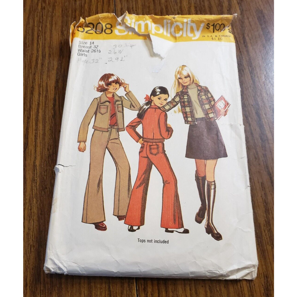 Simplicity 5208 Girl Skirt Unlined Jacket Bell-Bottom Pants Child 14 CUT